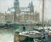 Henry Cassiers: Gezicht op de Schreierstoren en de St Nicolaaskerk te Amsterdam in de winter