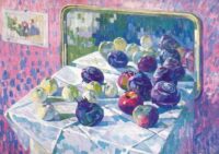 Edmond van Dooren: Stilleven met fruit en groente bij een spiegel