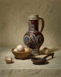 Johannes Hendrik Eversen: Stilleven met eieren, een kruik en een houten lepel