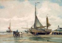 Wilhelm Hambüchen: Vissersvolk en bomschuiten op het strand van Katwijk