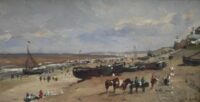 Johannes Frederik Hulk: Boten op het Scheveningse strand met op de achtergrond het Kurhaus
