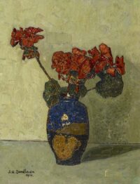 Jan Adam Zandleven: Rode geraniums in een blauwe vaas