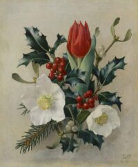 Jan Voerman jr.: Stilleven met hulst, helleborus en een rode tulp