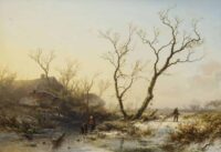 Pieter Kluyver: Wintergezicht met schaatsers en houtsprokkelaars