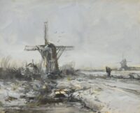 Louis Apol: Wandelaar bij een molen in een winters landschap