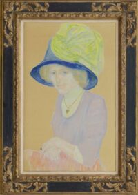 Leo Gestel: Vrouw met blauwe hoed en groene strik (in lijst)