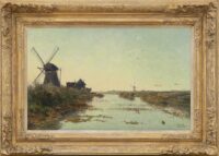Paul Gabriël: Hollands polderlandschap met een wetering, een Zuid-Hollandse watermolen en een wipwatermolen (in lijst)