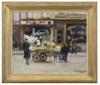 Alexandre Denonne: Vrouwen bij een bloemenkar (in lijst)