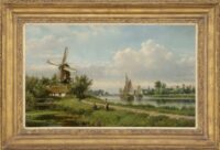 Lodewijk Johannes Kleijn: Zomers rivierlandschap met visser (in lijst)