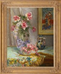 Alexander Tielens: Bloemen in een glazen vaas met op de achtergrond een Japanse prent (in lijst)