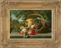 Gerardine van de Sande Bakhuyzen: Stilleven met bloemen en fruit in een mand (in lijst)