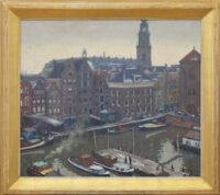 Joop Stierhout: Gezicht op het Damrak te Amsterdam (in lijst)