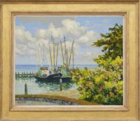 Ad Blok van der Velden: Rozenboompjes aan de haven van Terschelling (in lijst)
