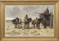 Johan Frederik Cornelis Scherrewitz: Vissers met trekpaarden op het strand (in lijst)