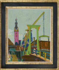 Jan Wiegers: Figuren op de Kwakelbrug met zicht op de Speeltoren te Edam (in lijst)