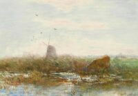 Willem Maris: Koeien in een polderlandschap met molen