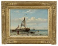 Johan Adolph Rust: Uitladen van de visvangst op het strand (in lijst)