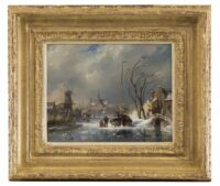 Charles Leickert: Winters stadsgezicht met bevroren vaart (in lijst)