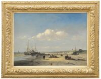 Charles Leickert: Bomschuiten en vissers op het strand van Scheveningen (in lijst)