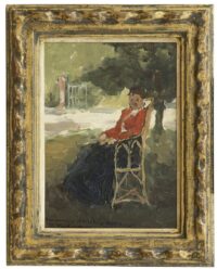 Hendrik Johannes Weissenbruch: Zittende vrouw in een zonnige tuin in Barbizon (in lijst)