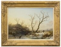 Pieter Kluyver: Wintergezicht met schaatsers en houtsprokkelaars (in lijst)