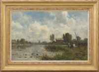 Willem Roelofs: Hollands polderlandschap met molens (in lijst)