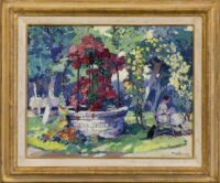Roméo Dumoulin: Vrouw in bloementuin (in lijst)