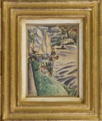 Leo Gestel: Zomers riviergezicht met zeilboten en visser (in lijst)