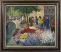 Arie Wassenburg: Vrouwen bij een bloemenstal in Delft (in lijst)