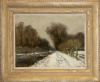 Louis Apol: Besneeuwd bospad langs een vaart (in lijst)