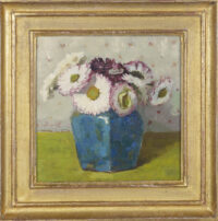 Lucie van Dam van Isselt: Zinnia's in een blauwe gemberpot (in lijst)