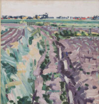 Jan van der Zee: Gronings landschap met dorp op de achtergrond