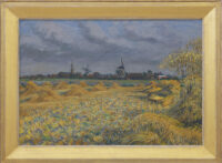 Johan Dijkstra: Zonnig landschap met zicht op het wierdedorp Eenrum (in lijst)