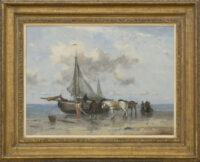Johan Frederik Cornelis Scherrewitz: Strandgezicht met schelpenvissers bij een bomschuit (in lijst)