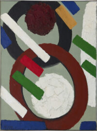 Willem Hussem: Abstracte compositie met groene achtergrond (in lijst)