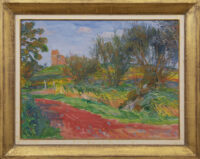 Johan Dijkstra: Gronings landschap met gezicht op de kerk van Oostum (in lijst)