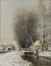 Louis Apol schliderij, Boerderij in sneeuwlandschap, te koop.: Boerderij in sneeuwlandschap