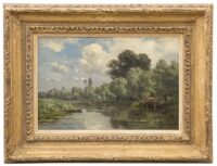 Jan Willem van Borselen: Rivierlandschap met boothuisje (in lijst)