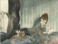 Piet van der Hem: Lezende vrouw met hondje