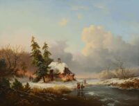 Frederik Marinus Kruseman: Winterlandschap met houtsprokkelaars bij een bevroren vaart