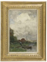 Jacob Maris: Man met roeiboot in landschap (in lijst)
