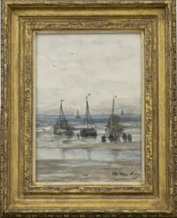 Hendrik Willem Mesdag: Bomschuiten en vissersvolk op het strand (in lijst)