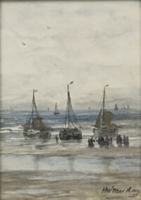 Hendrik Willem Mesdag: Bomschuiten en vissersvolk op het strand