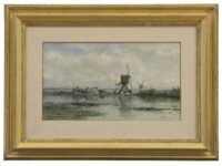 Willem Roelofs: Polderlandschap met twee molens (in lijst)