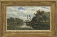 Willem Roelofs: Rivierlandschap met boothuisje (in lijst)