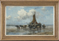 Johan Frederik Cornelis Scherrewitz: Bomschuiten met paarden op het strand (in lijst)
