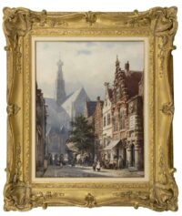 Cornelis Springer: Bedrijvigheid in de St. Jansstraat te Haarlem met op de achtergrond de St. Bavokerk (in lijst)
