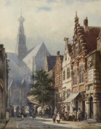 Cornelis Springer: Bedrijvigheid in de St. Jansstraat te Haarlem met op de achtergrond de St. Bavokerk