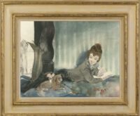 Piet van der Hem: Lezende vrouw met hondje (in lijst)