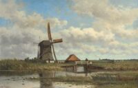 Willem Roelofs: Vissers bij een bruggetje in een weids polderlandschap